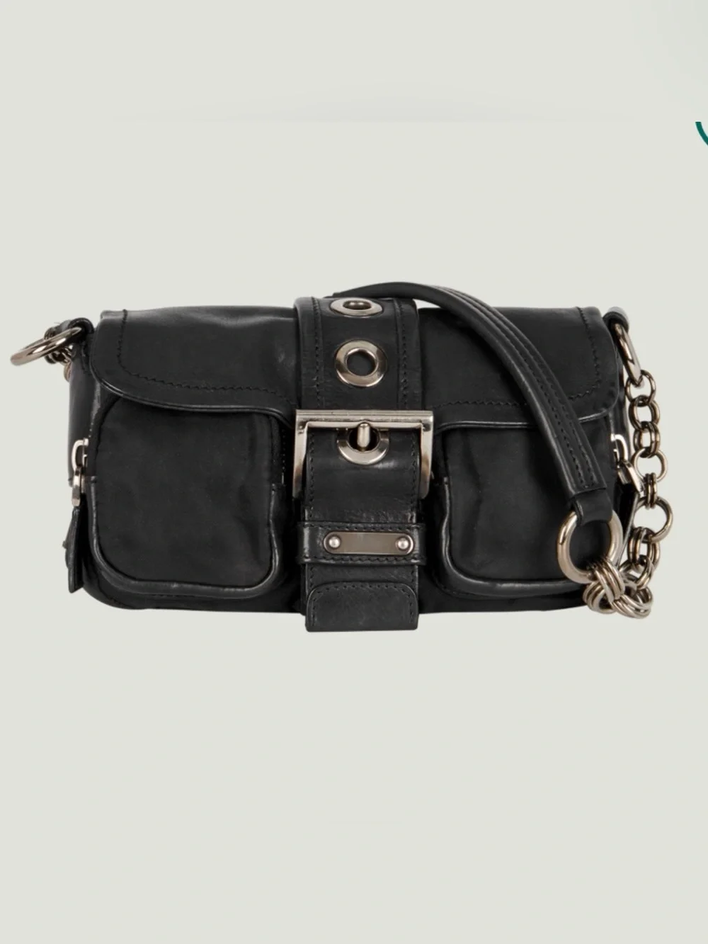 Rare Vintage PRADA Tessuto Nylon Leather Grommet Buckle Chain Shoulder Bag Y2K